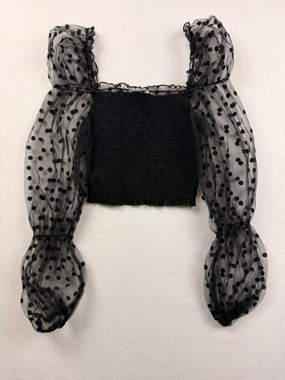 Black Sheer Polka Dot Puff Sleeve Smocked Crop Top | Size M | NWT
